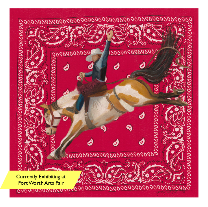 Oil painting of bronc rider on a red stretched bandana by Jenny Wagner Studio