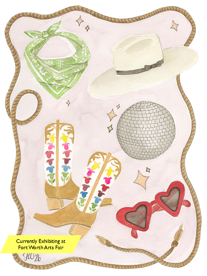 Original watercolor painting by Jenny Wagner Studio of a Western scene with heart sunglasses and a disco ball