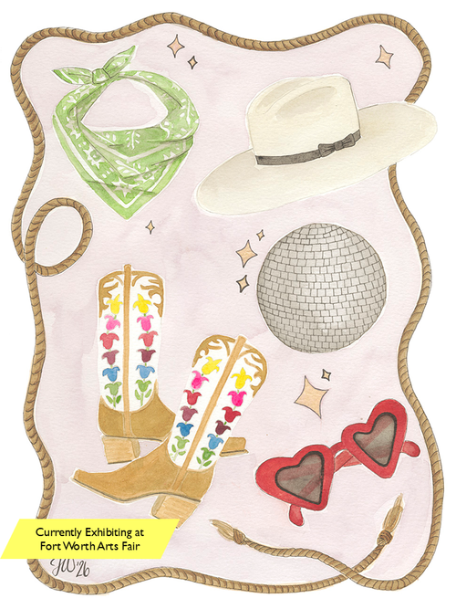 Original watercolor painting by Jenny Wagner Studio of a Western scene with heart sunglasses and a disco ball