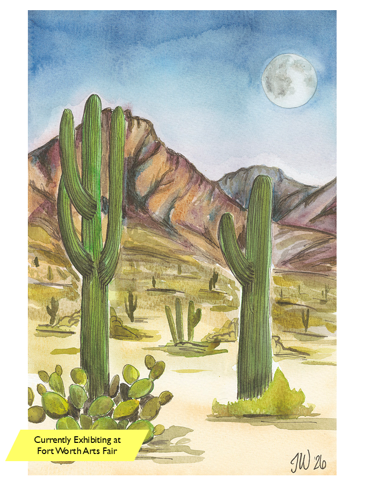Original watercolor depicting a desert scene at nighttime with saguaro cacti and a full moon, by Texas artist Jenny Wagner