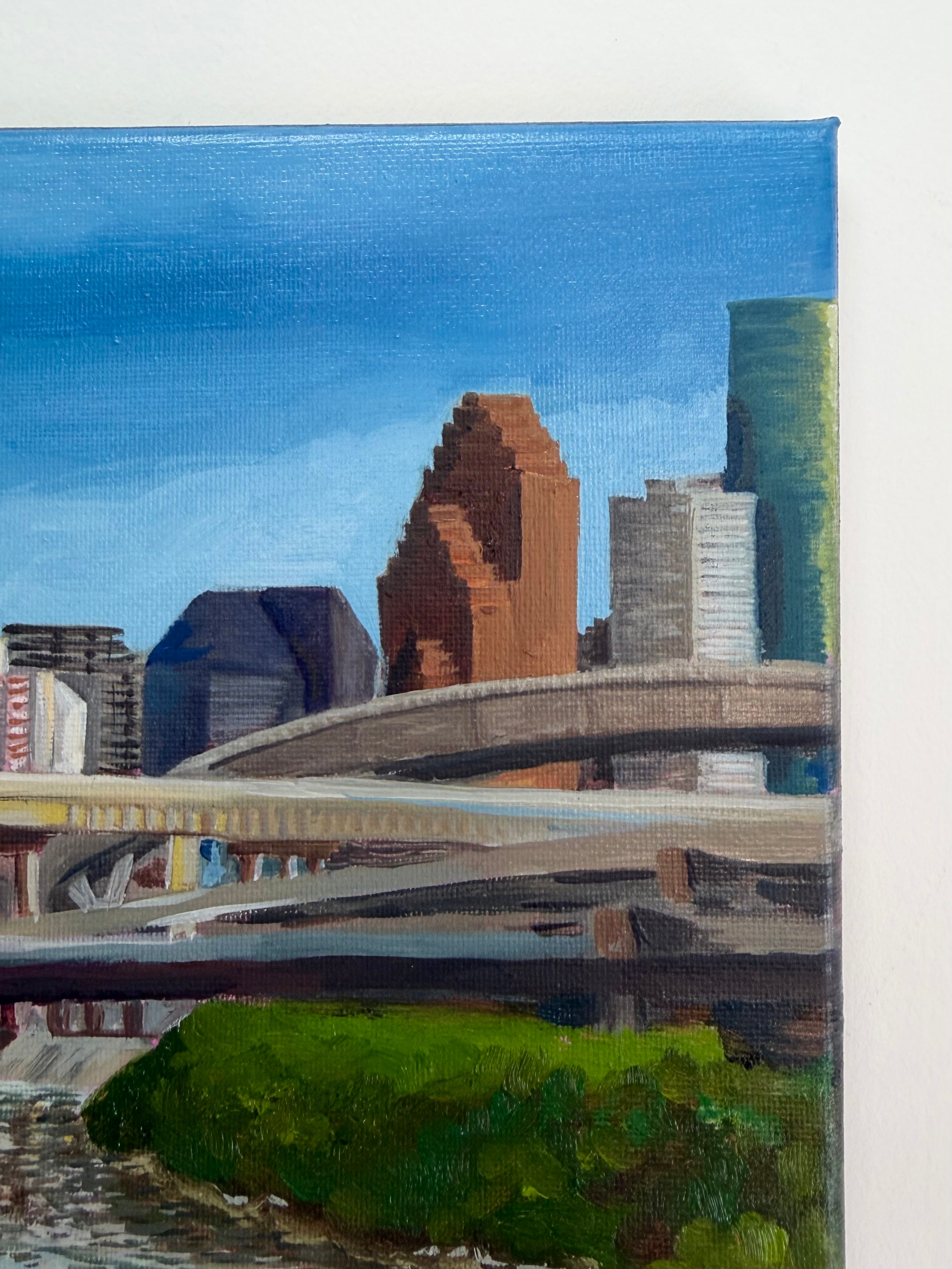 Textured oil painting detail showing Houston skyscrapers, elevated highways, and blue sky