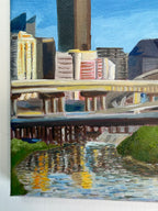 Close-up of the Houston skyline reflected in Buffalo Bayou in the original oil painting "Layers"