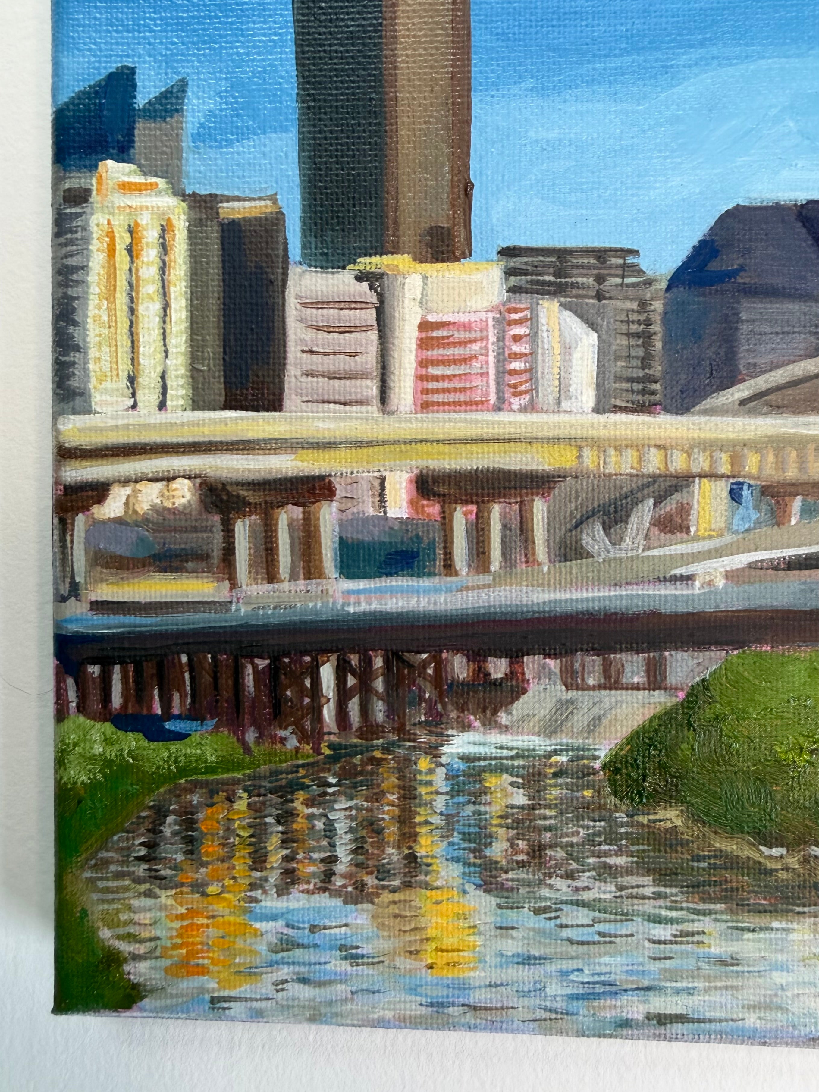 Close-up of the Houston skyline reflected in Buffalo Bayou in the original oil painting "Layers"