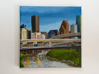 Original 8x8 oil painting of the Houston skyline with layered highways, Buffalo Bayou, and downtown buildings.