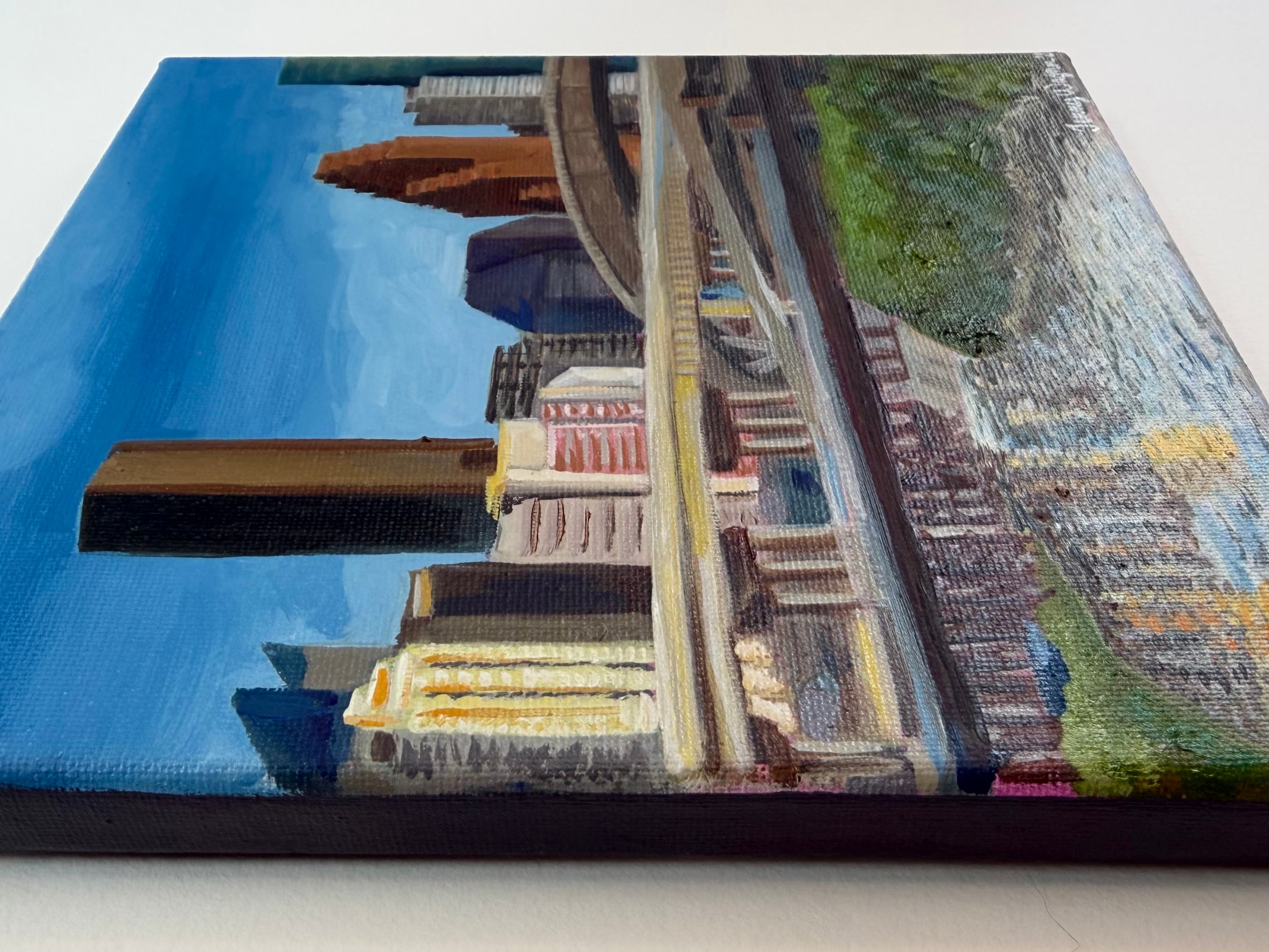 Angled view of the original 8x8 oil painting "Layers," highlighting the canvas texture and depth