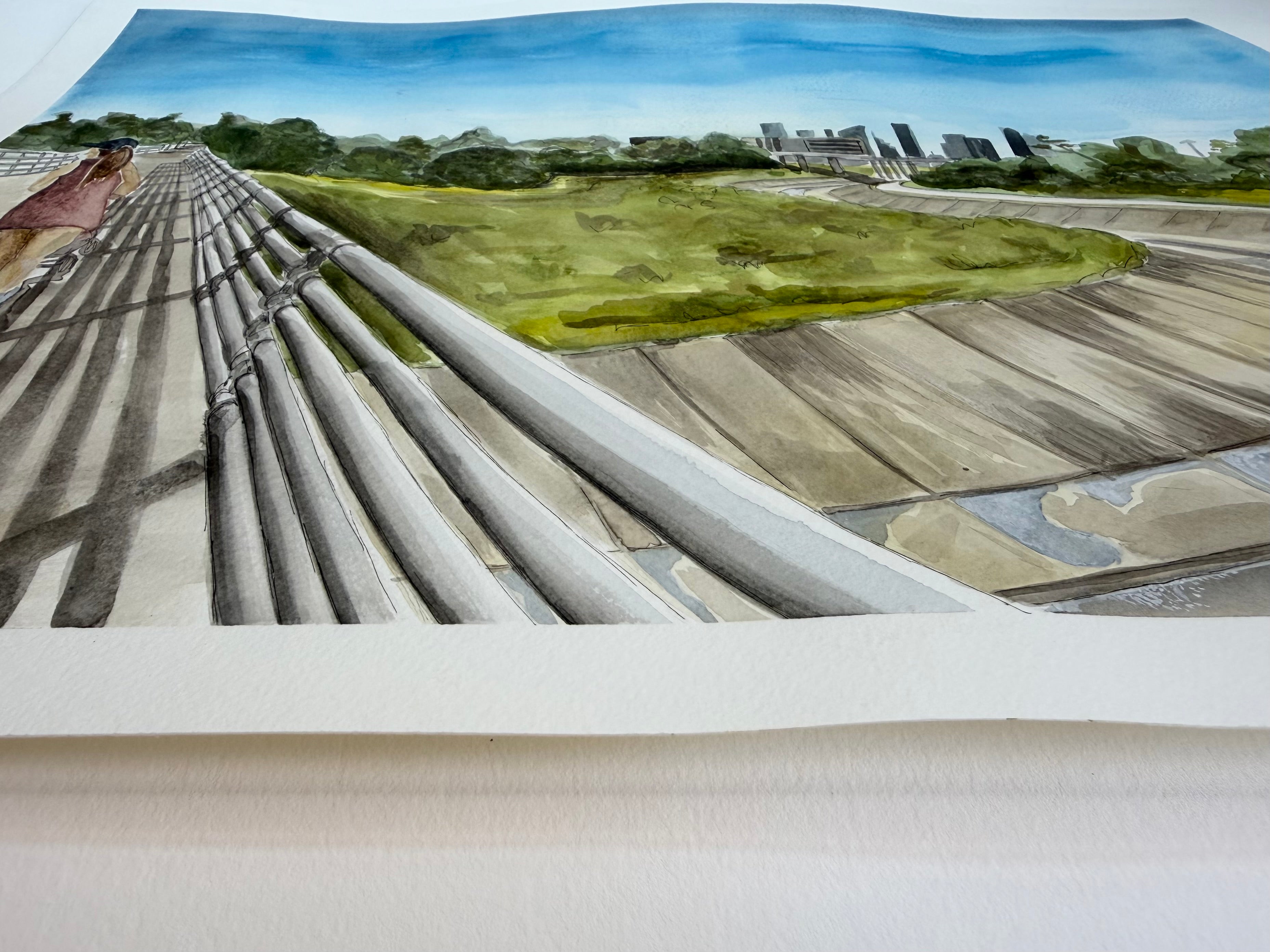 Side view of the original watercolor painting, "The Bayou Walk" showing the watercolor paper and the details on the brushwork and subtle ink marks