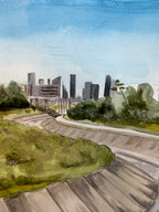 Close up on downtown and White Oak bayou in the watercolor painting by Jenny Wagner
