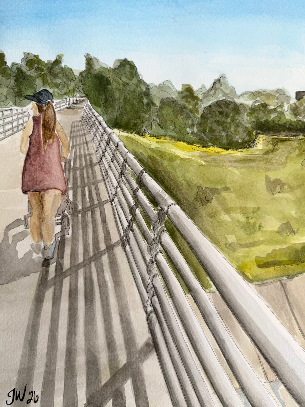 Close-up on the figure and bridge in the original 16x20 watercolor of White Oak bayou by Jenny Wagner
