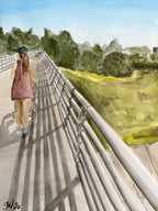 Close-up on the figure and bridge in the original 16x20 watercolor of White Oak bayou by Jenny Wagner