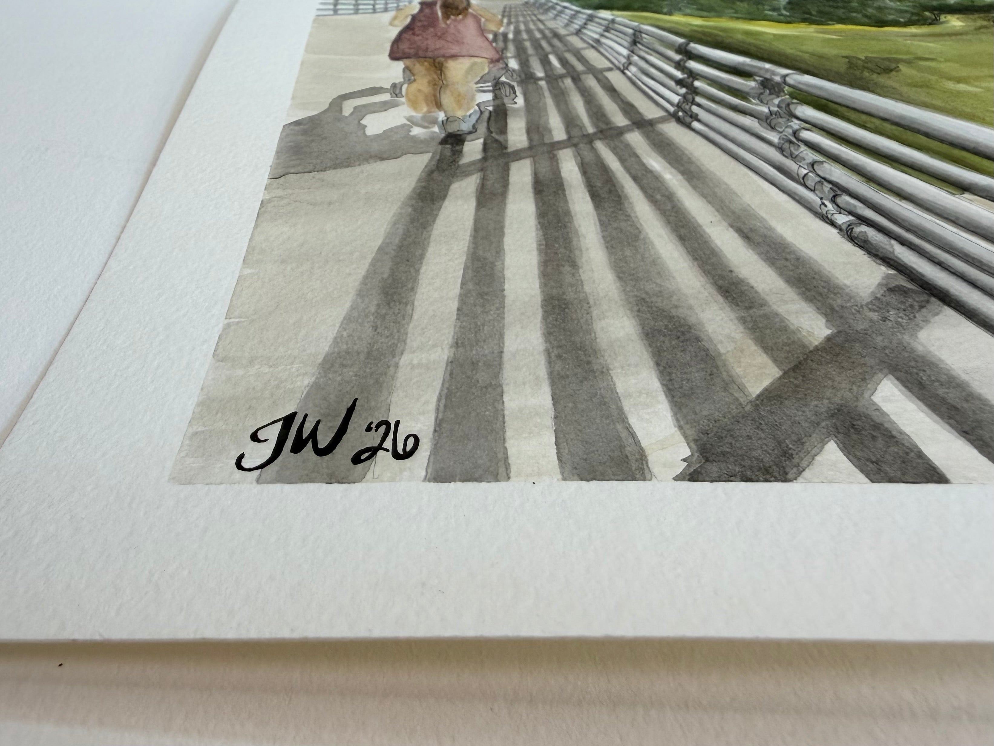 Close up on the signature and date for the original watercolor painting, "The Bayou Walk" by Houston artist Jenny Wagner