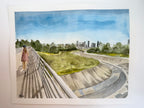 Original 16x20 watercolor painting of the White Oak Bayou with a bridge leading toward the Houston skyline
