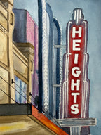 Close-up of the conic Heights Theater marquee painted in watercolor by Jenny Wagner