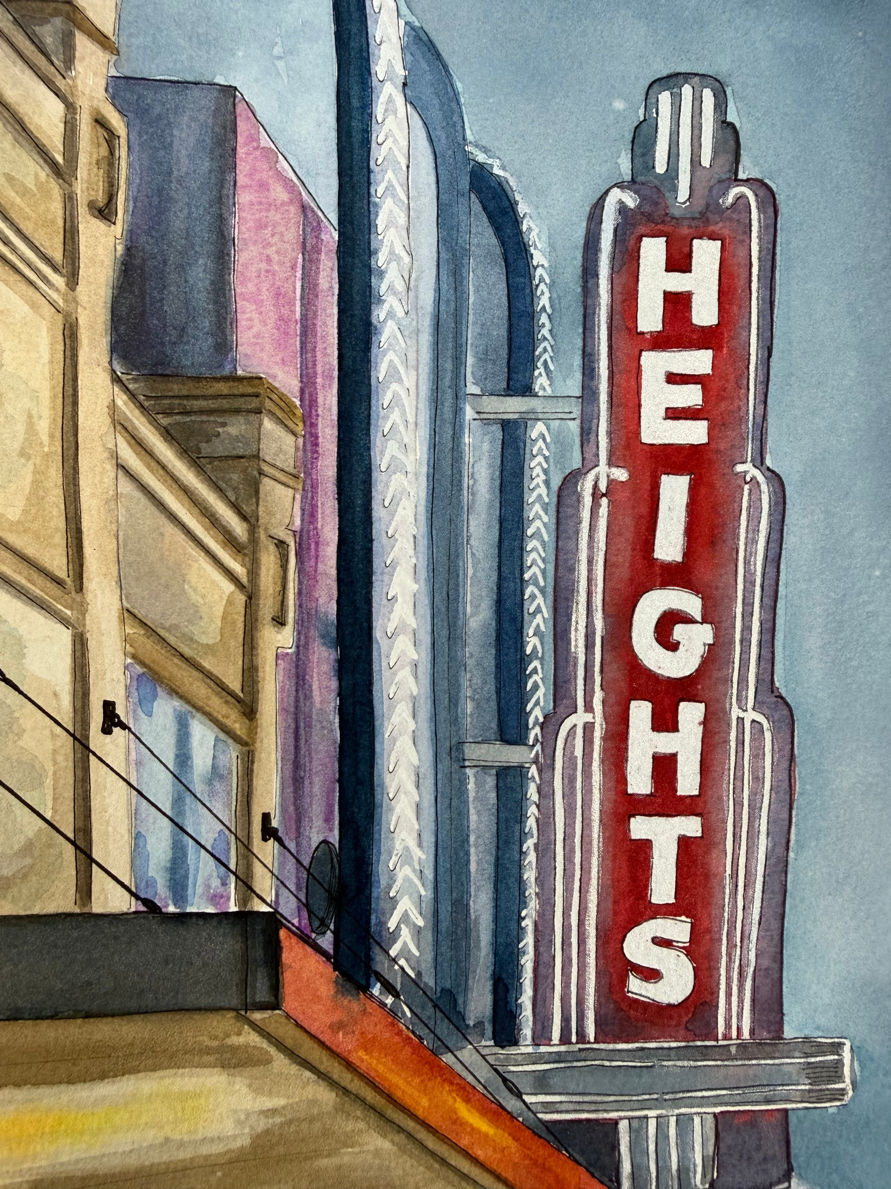 Close-up of the conic Heights Theater marquee painted in watercolor by Jenny Wagner