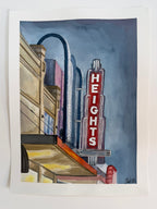 Full view of the original watercolor painting "The Heights Theater" with vibrant colors depicting the historic illuminated theater sign in the evening sky