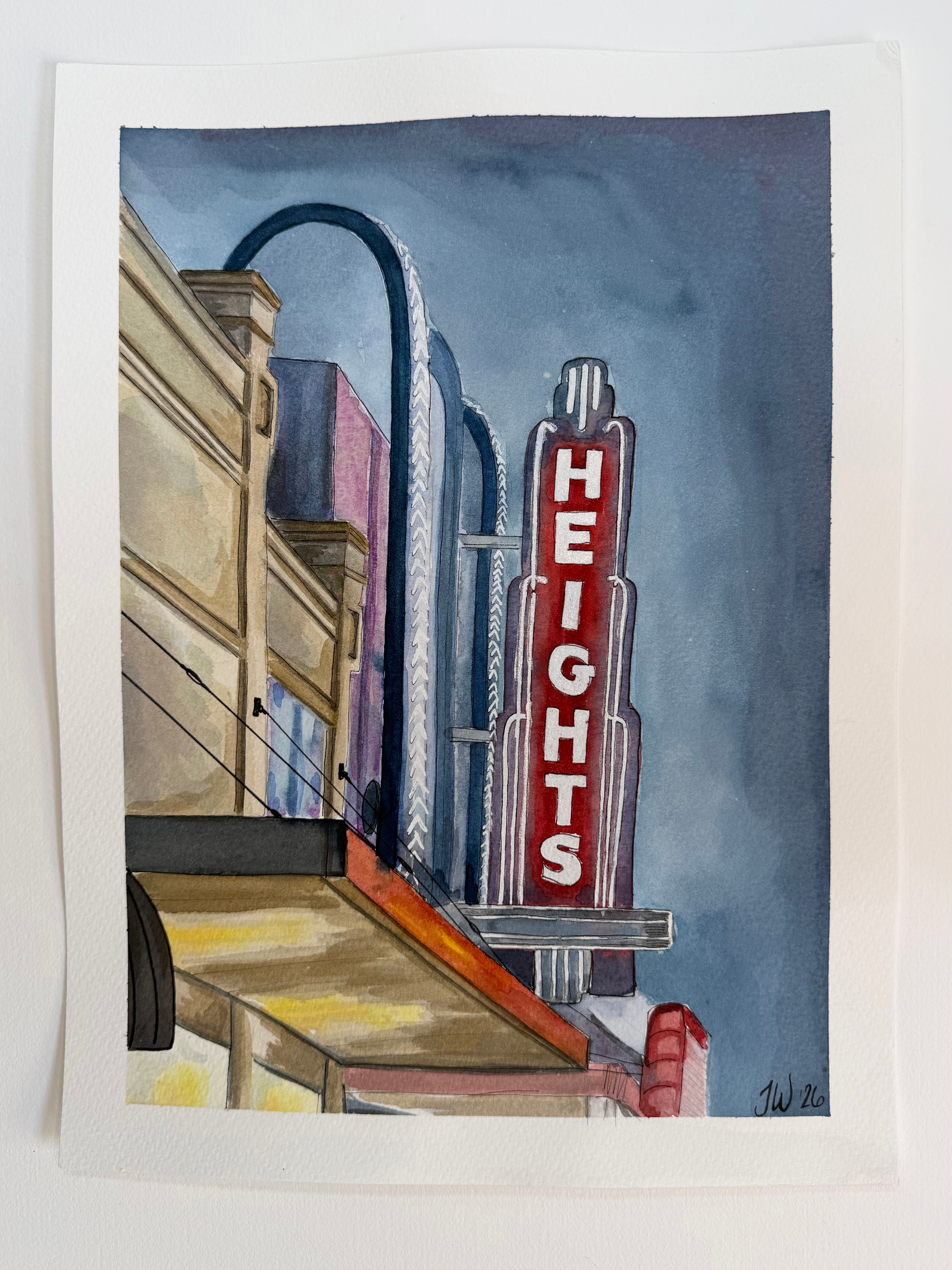 Full view of the original watercolor painting "The Heights Theater" with vibrant colors depicting the historic illuminated theater sign in the evening sky