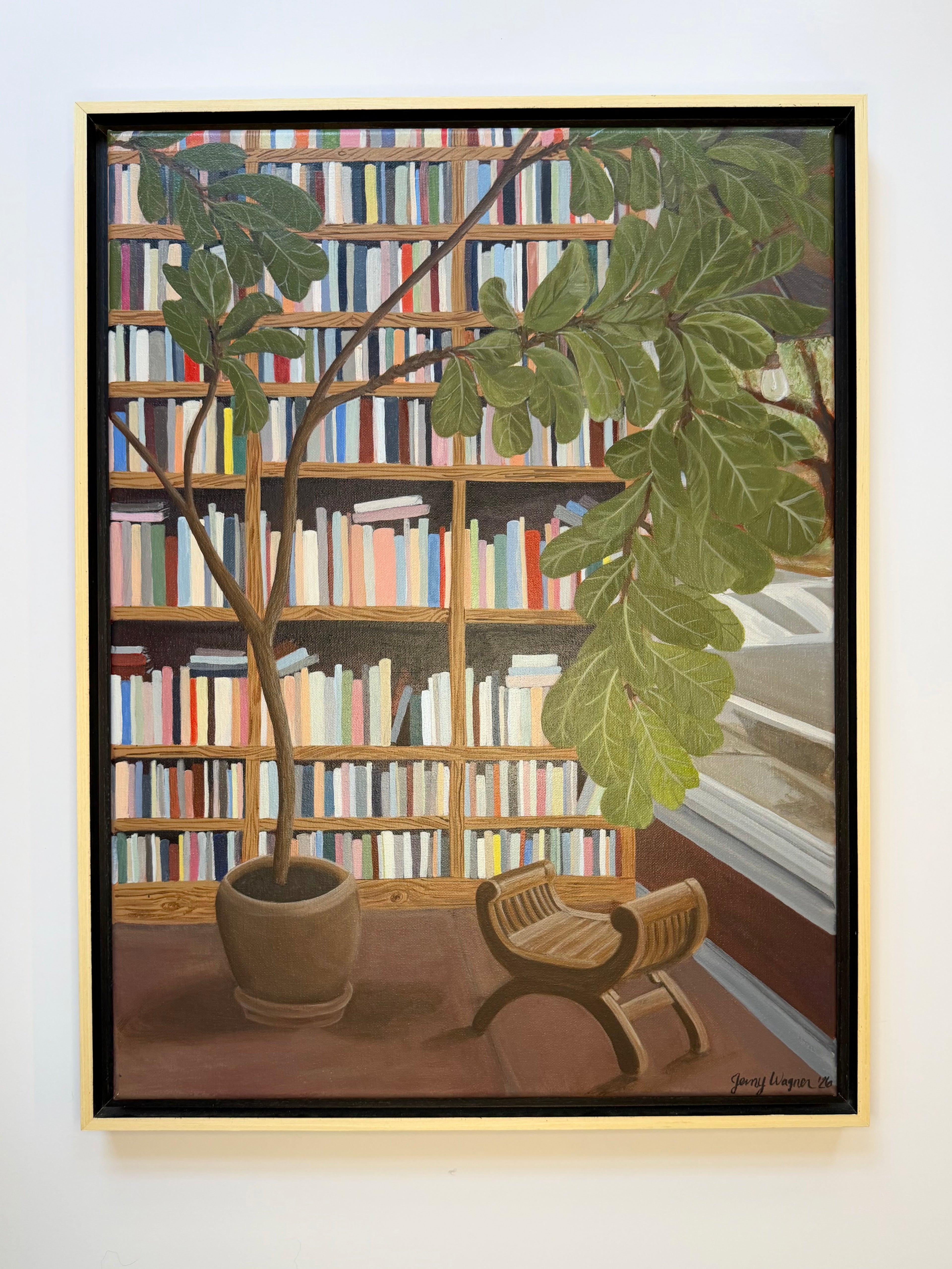 Framed original acrylic painting by Texas artist Jenny Wagner of bookshelf with a large window and a floor to ceiling fiddle leaf fig