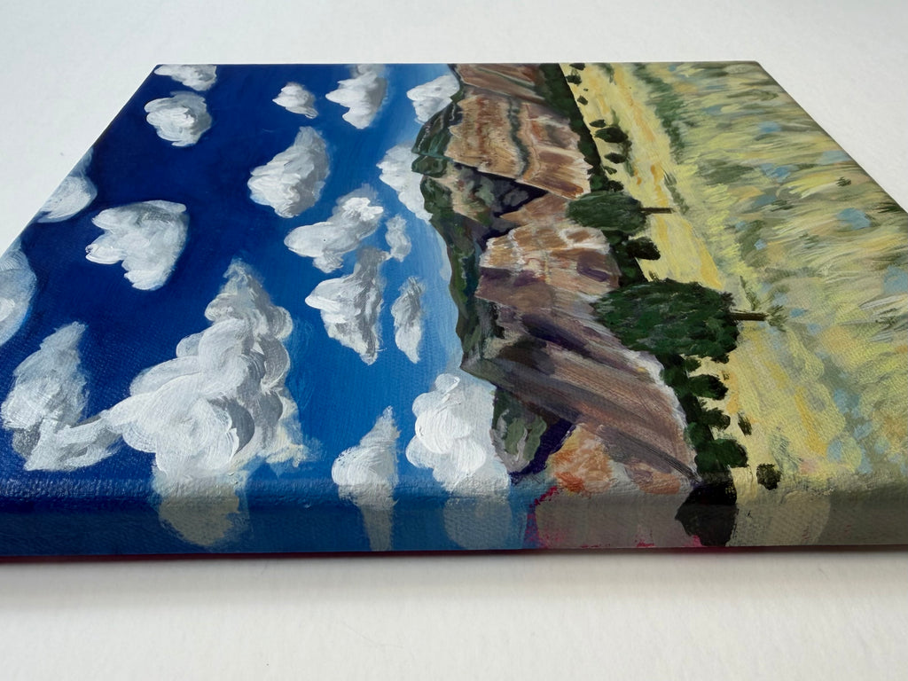 Side view of the gallery wrapped canvas on the original 10x10 acrylic landscape painting "Colorado to Utah" by Texas artist Jenny Wagner