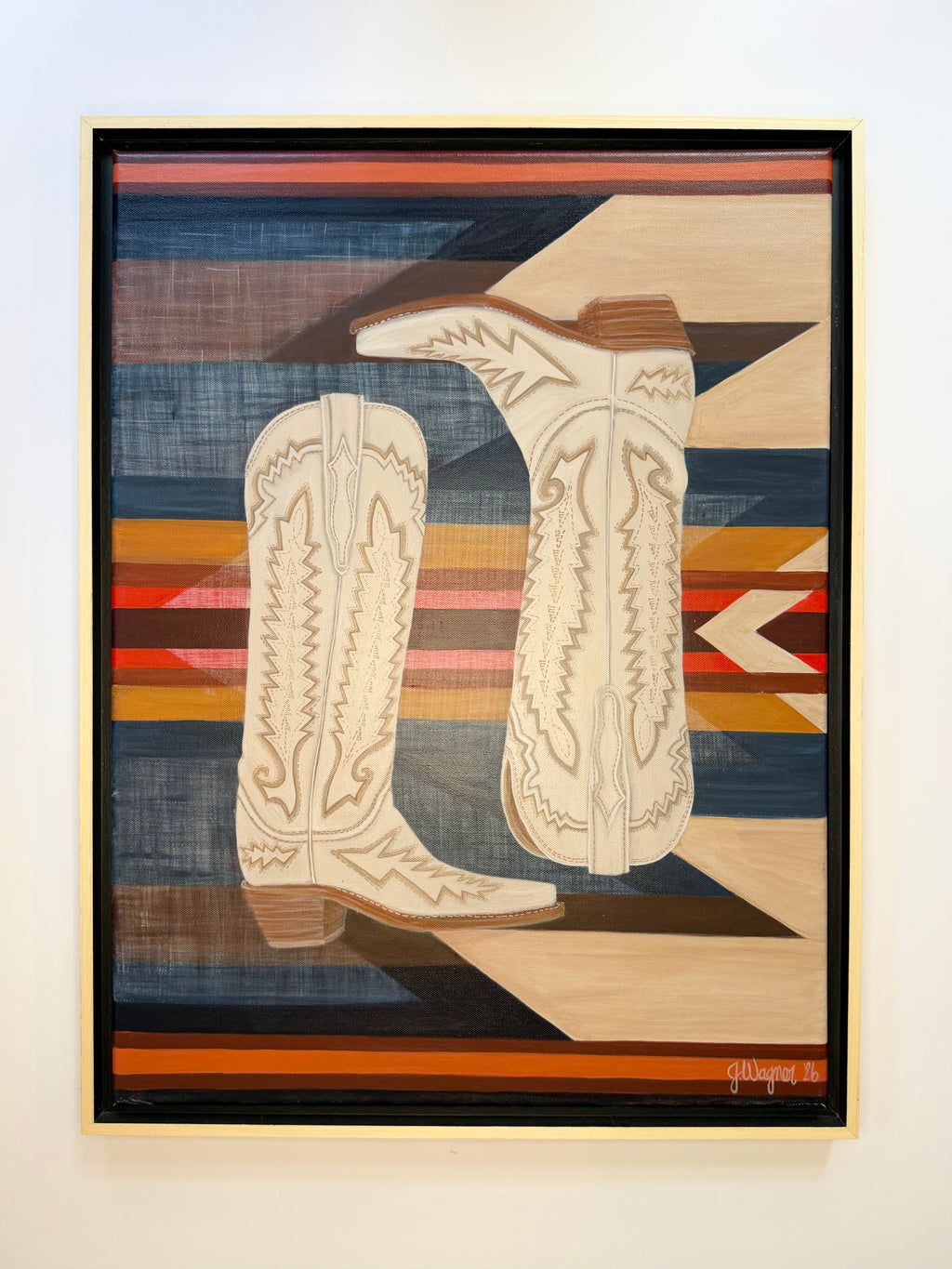 Western inspired original acrylic painting, Paired, by Texas artist Jenny Wagner. Gallery wrapped canvas painting shown in a natural wood flaoter frame.