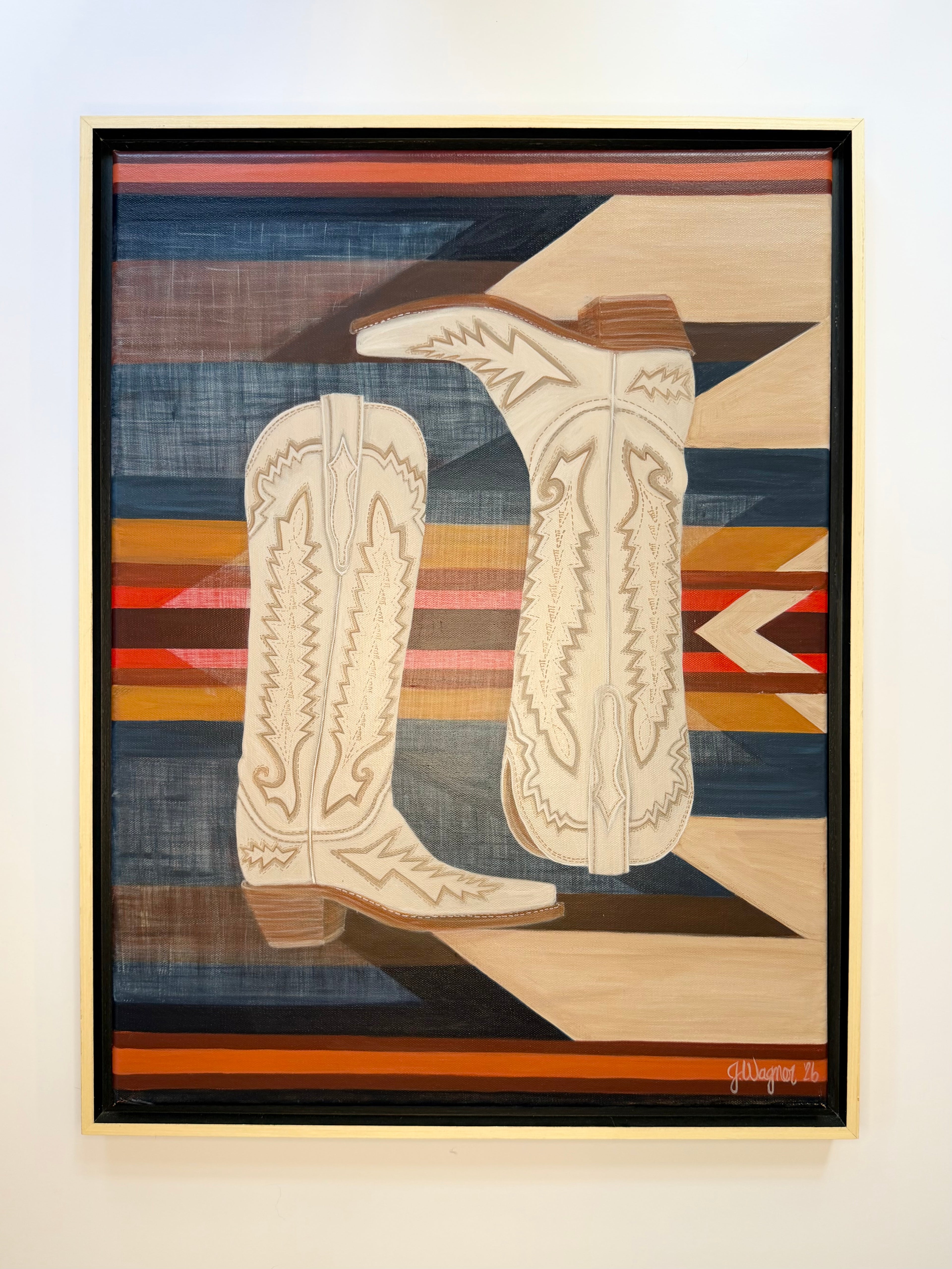 Western inspired original acrylic painting, Paired, by Texas artist Jenny Wagner. Gallery wrapped canvas painting shown in a natural wood flaoter frame.