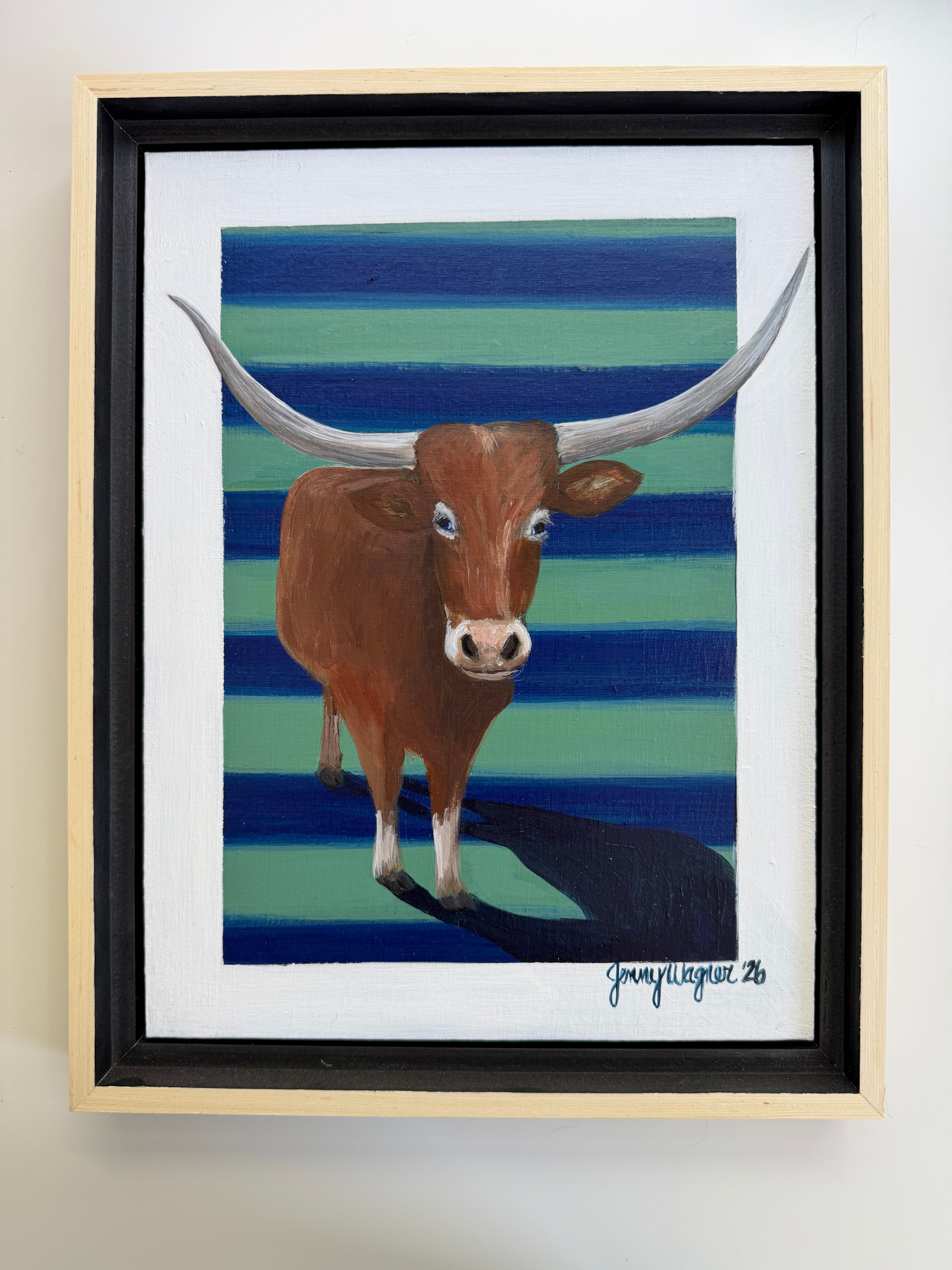 Original acrylic painting of a Longhorn on a striped background by Jenny Wagner 