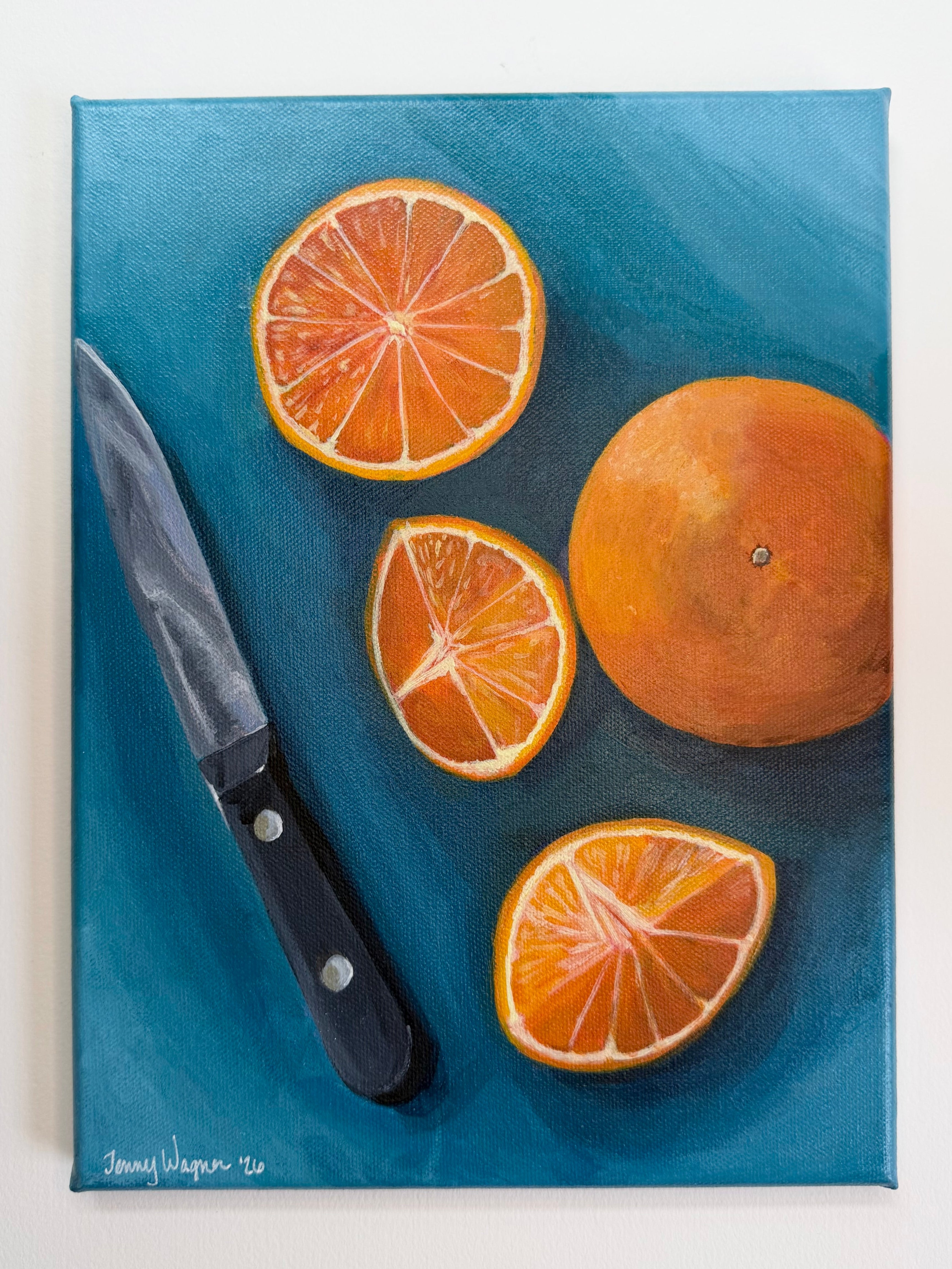 Still life painting, Oranges on Blue by Houston artist Jenny Wagner