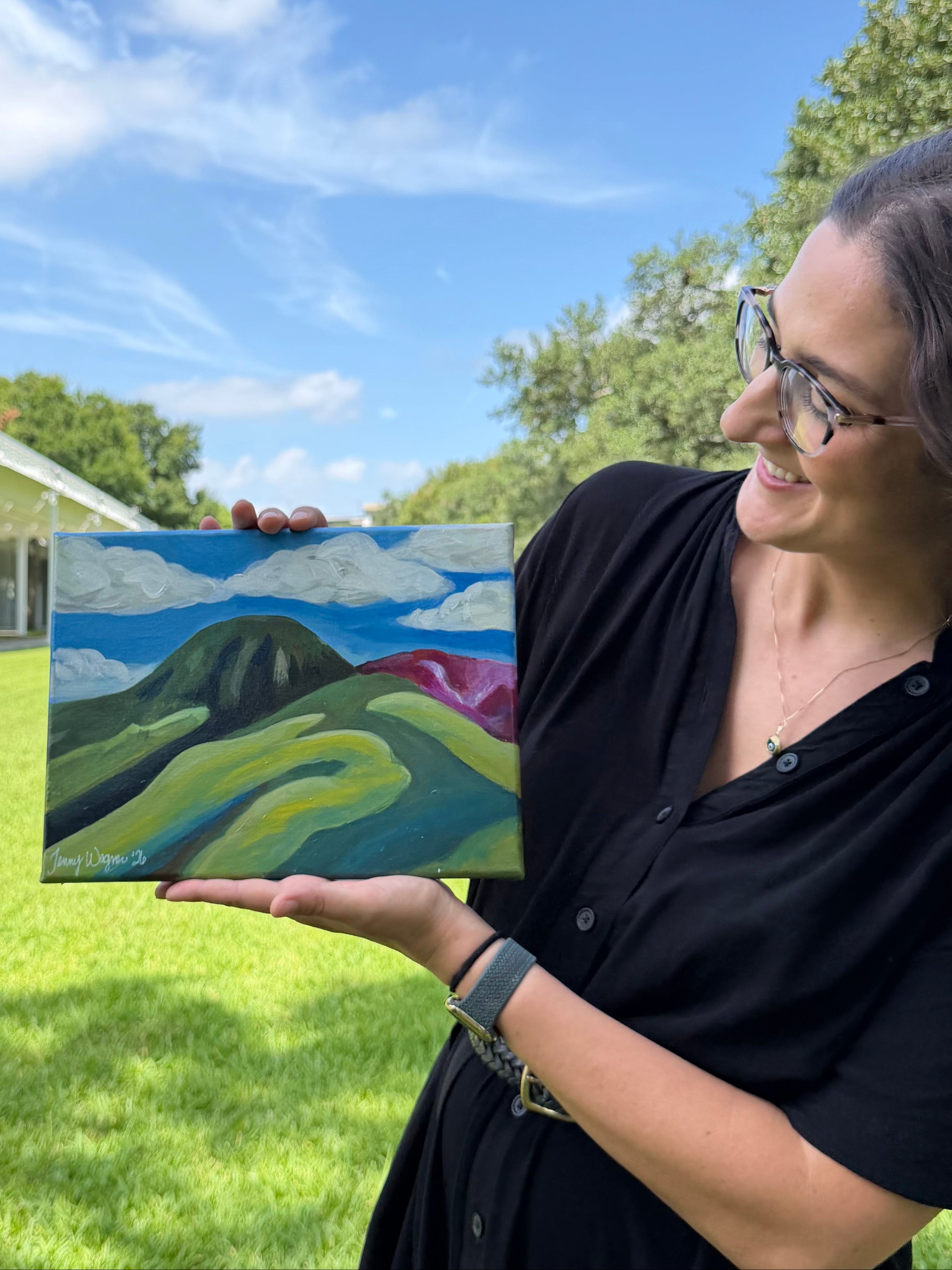 Original acrylic painting, "San Juan Summer" being held by artist Jenny Wagner