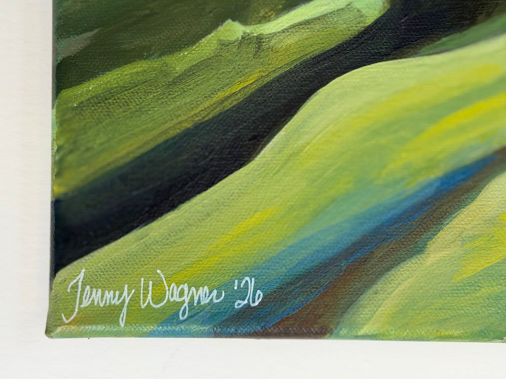 Close-up on signature of artist Jenny Wagner on her original 9x12 painting, "San Juan Summer"