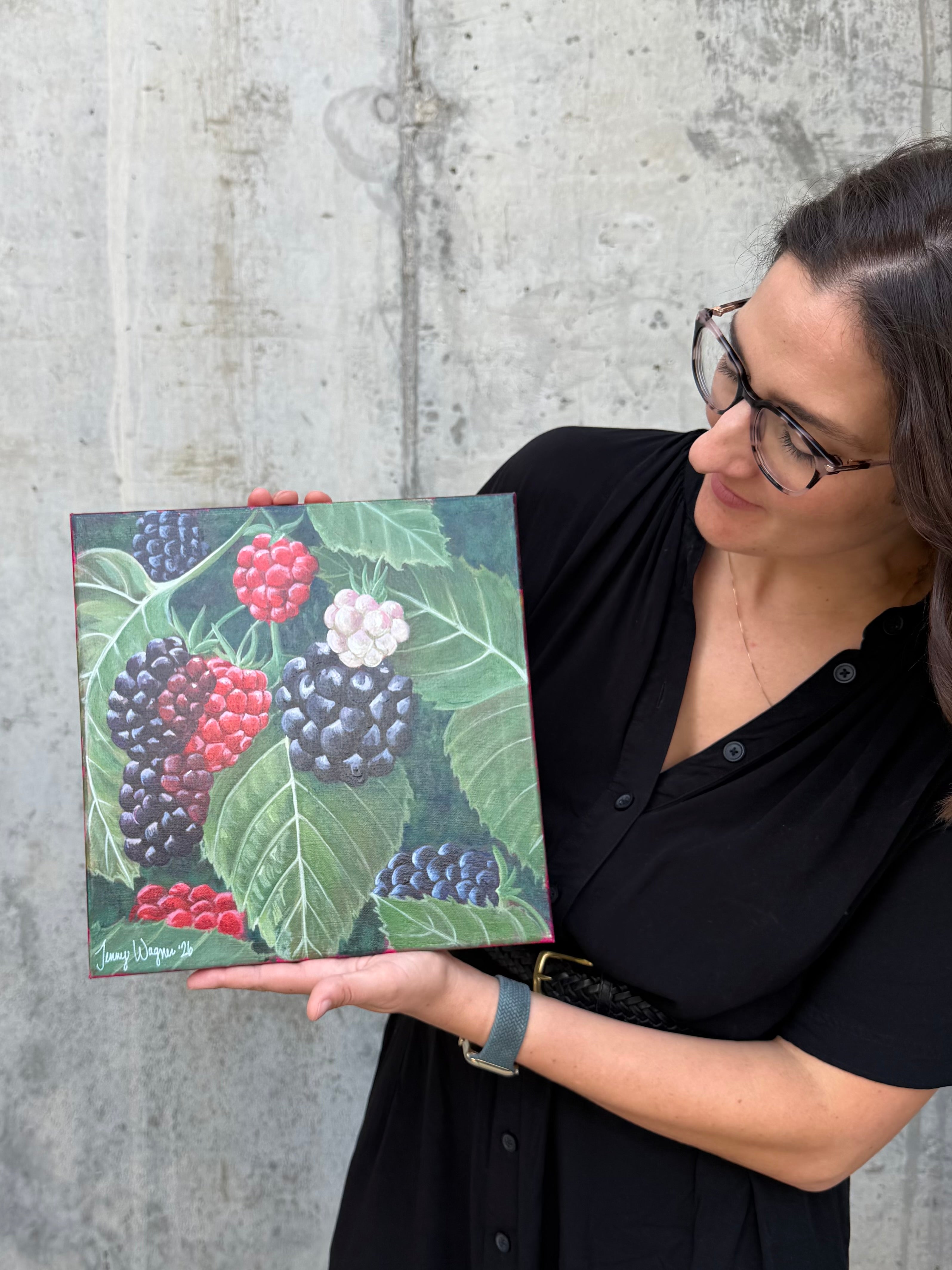 Jenny Wagner displaying the original botanical paining "Wild Blackberries"