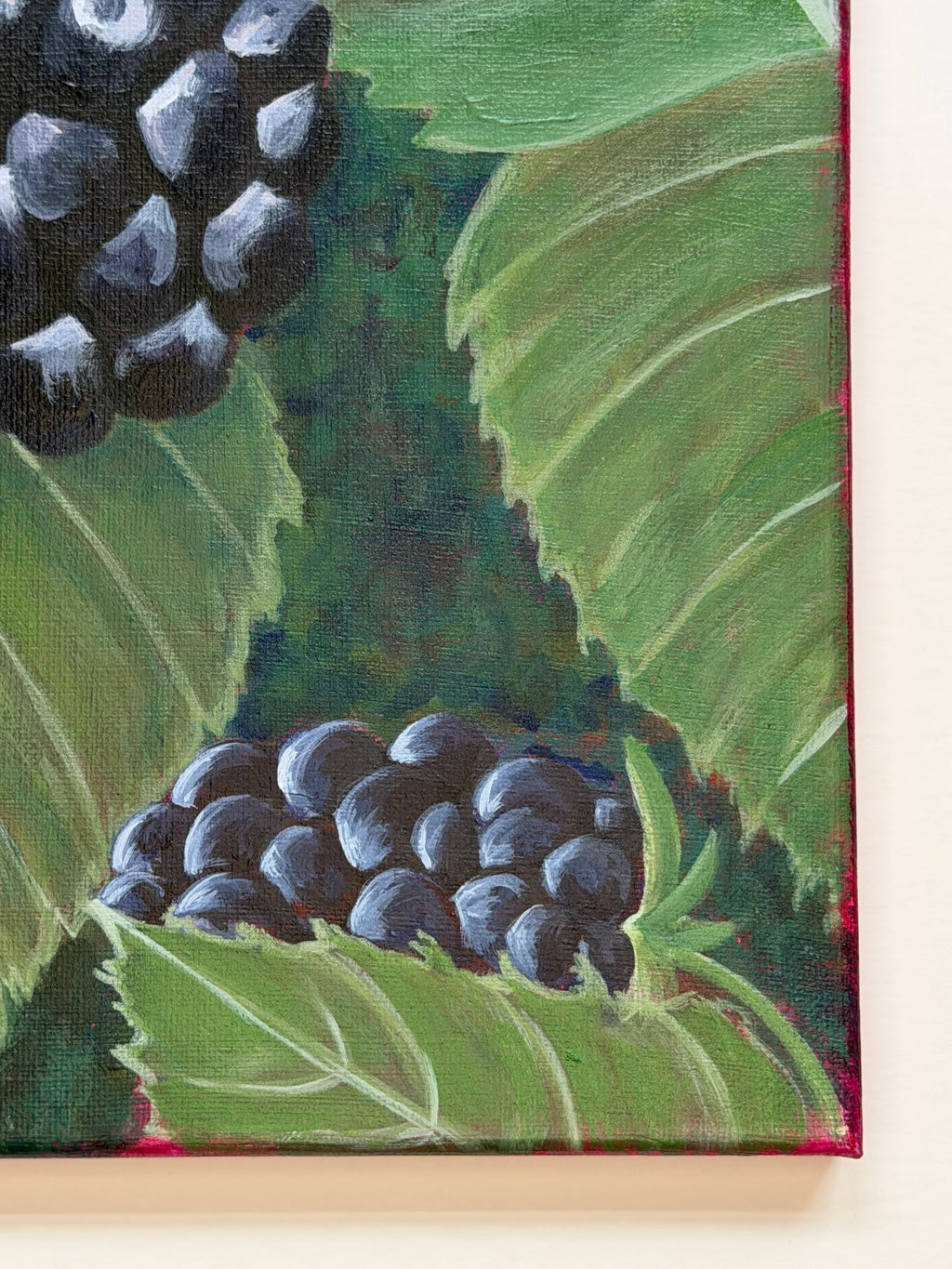 Detail of deep purple blackberry clusters against vibrant green foliage in the original painting.