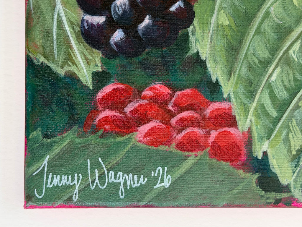 Close up on signature of Jenny Wagner in the original acrylic painting "Wild Blackberries"