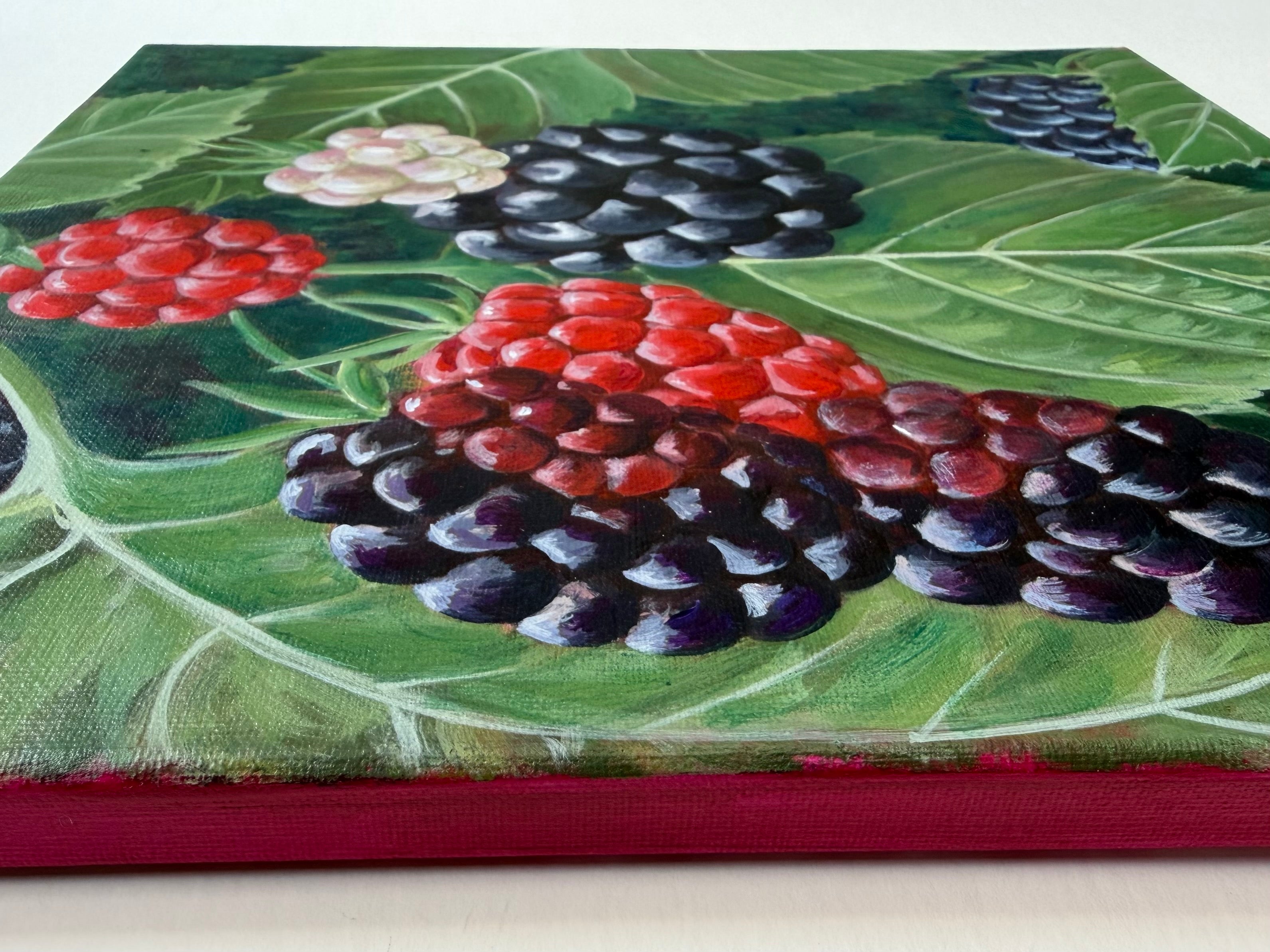 Side view of the original 12x12 acrylic painting "Wild Blackberries" by Texas artist Jenny Wagner