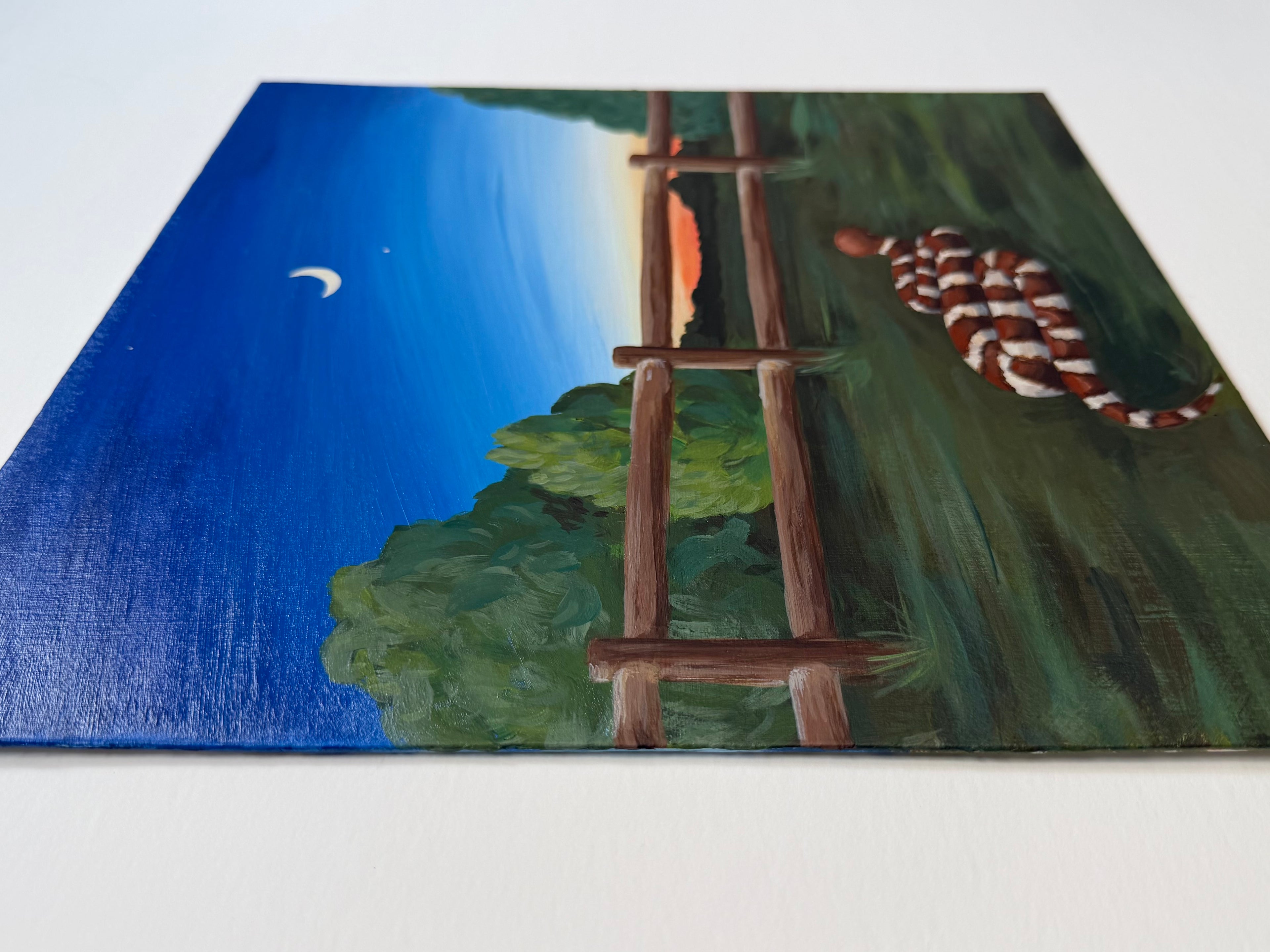 Side view of the canvas board painting, "The Encounter" by Texas artist Jenny Wagner. This shows the details of the brushstrokes and slight texture of the painting