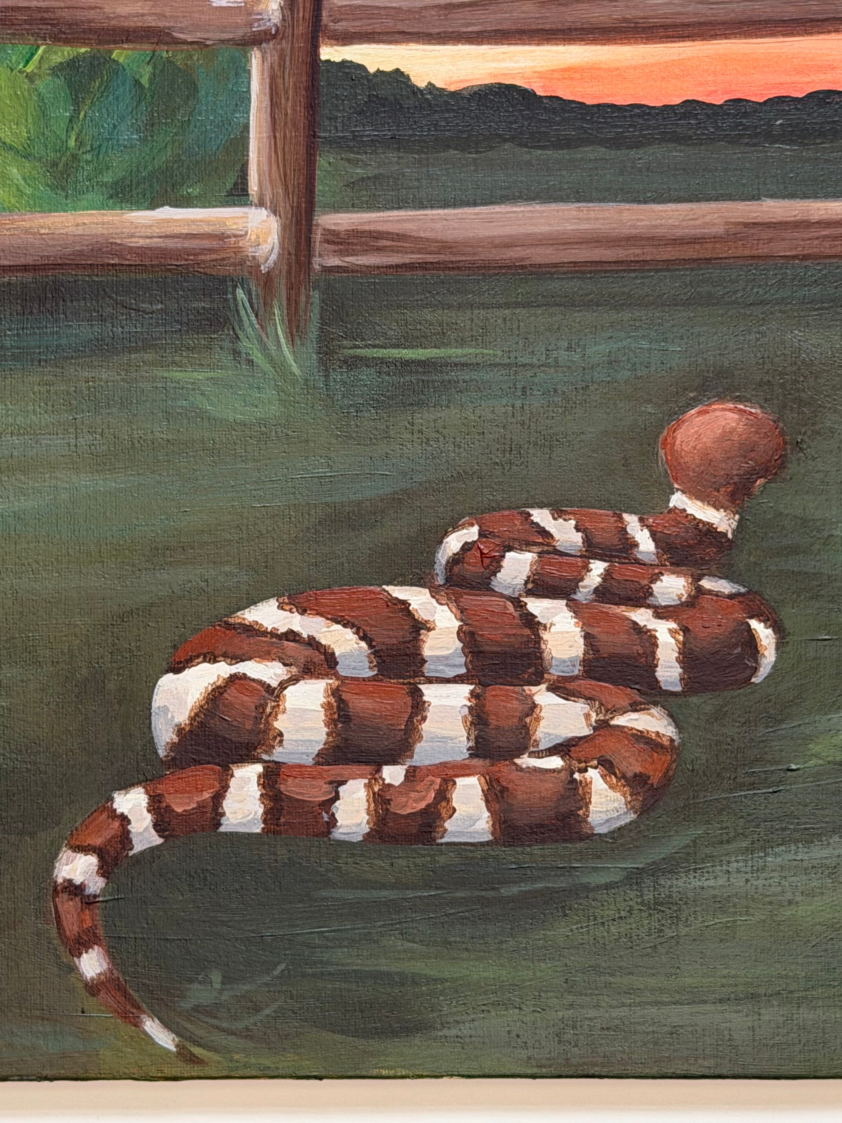 Close-up on the copperhead snake in the original 12x12 acrylic painting "The Encounter"